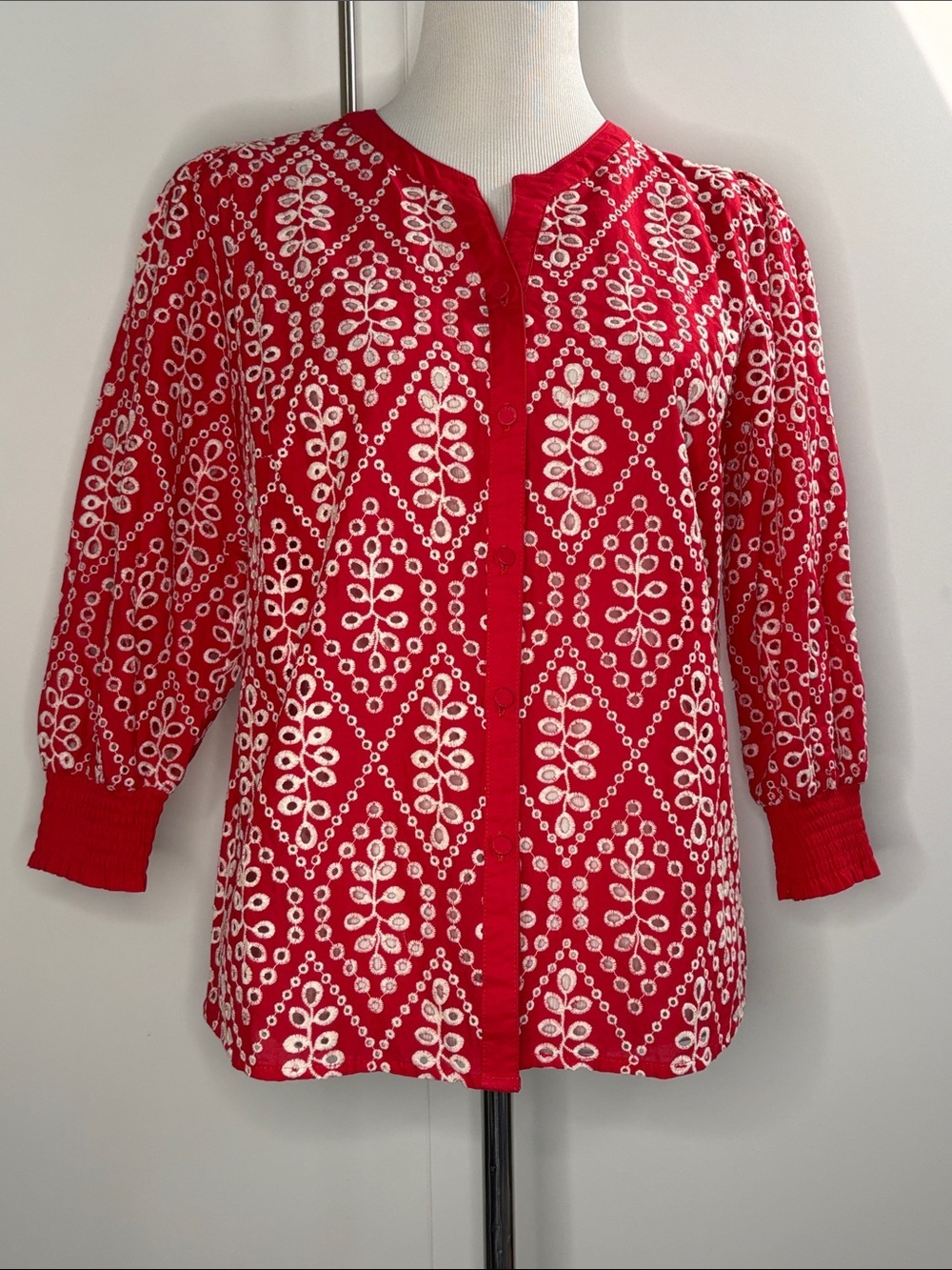 Cabi Red and White Eyelet Button-Front Top M #6203